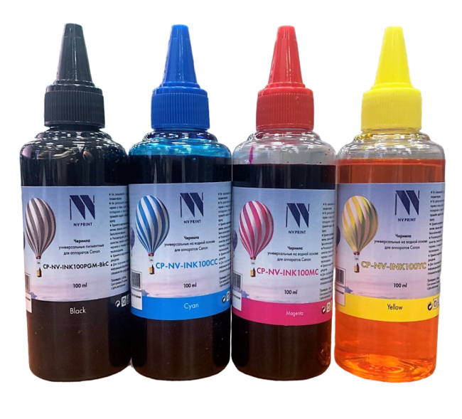 Чернила NV PRINT для аппаратов Canon, комплект 4 цвета (пигментные Bk + водные C,M,Y) по 100 мл, совместимые