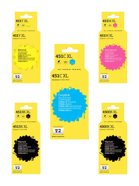 IC-CCLI-451XL_MP Комплект картриджей T2 для Canon: PGI-450BK XL/CLI-451 XL, пигментный черный, черный, голубой, пурпурный, желтый