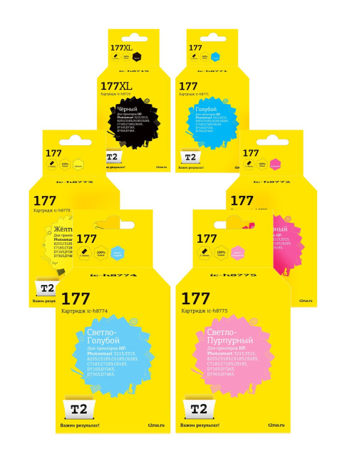 IC-H177XL_MP Комплект картриджей T2 для HP 177: черный, голубой, пурпурный, желтый, светло-голубой, светло-пурпурный